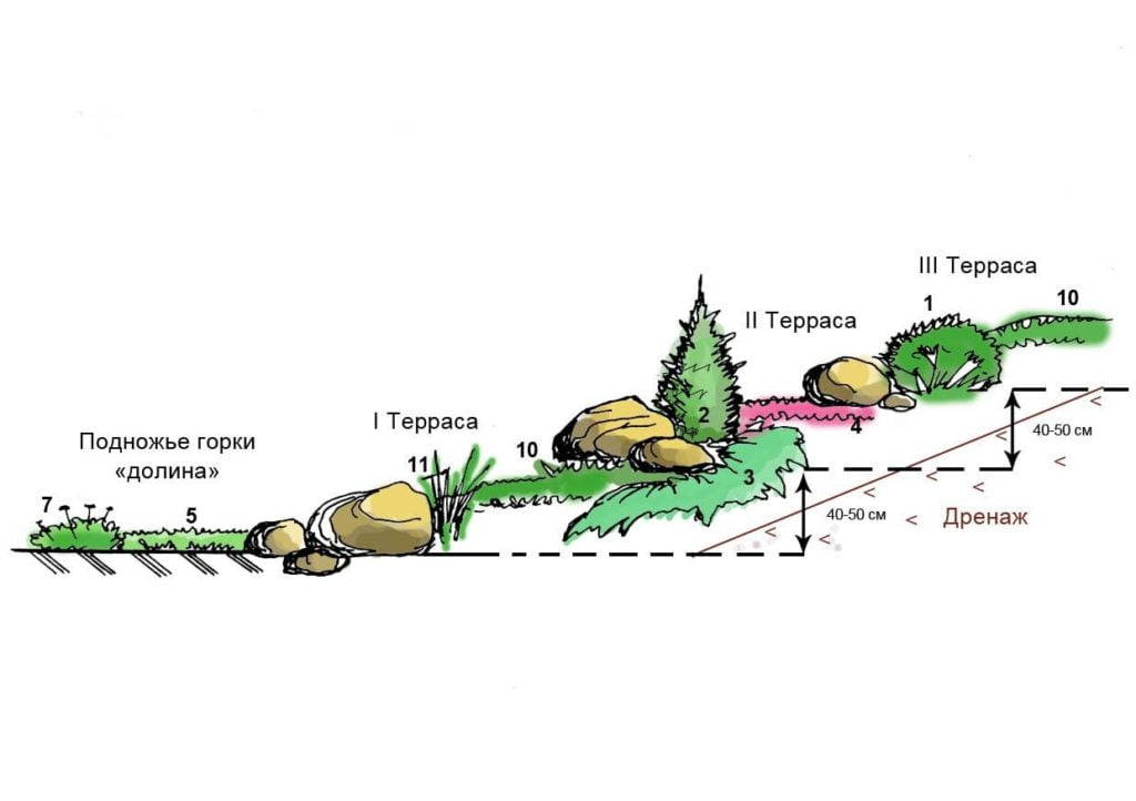 Альпийская горка альпинарий схема