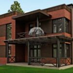 В этом проекте кирпичного дома в стиле минимализм кровля имеет свесы