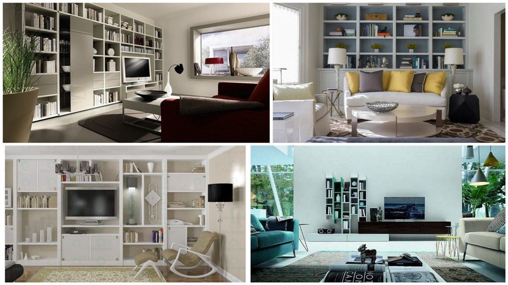 Стеллаж в интерьере гостиной